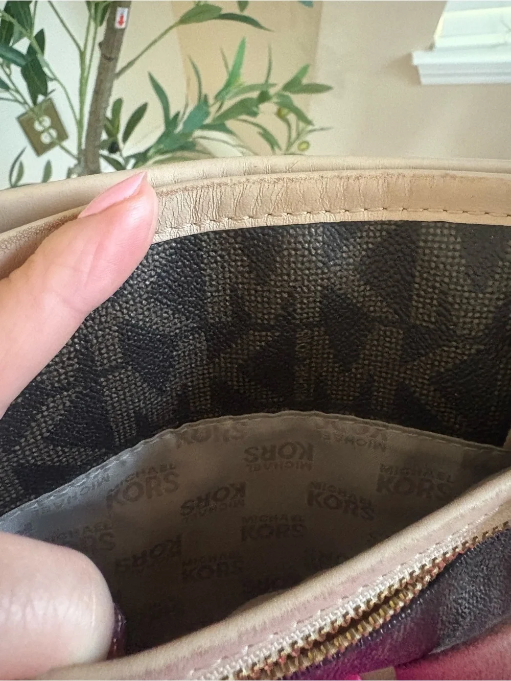 Michael Kors Dark Brown Signature Crossbody with Tan Trim
